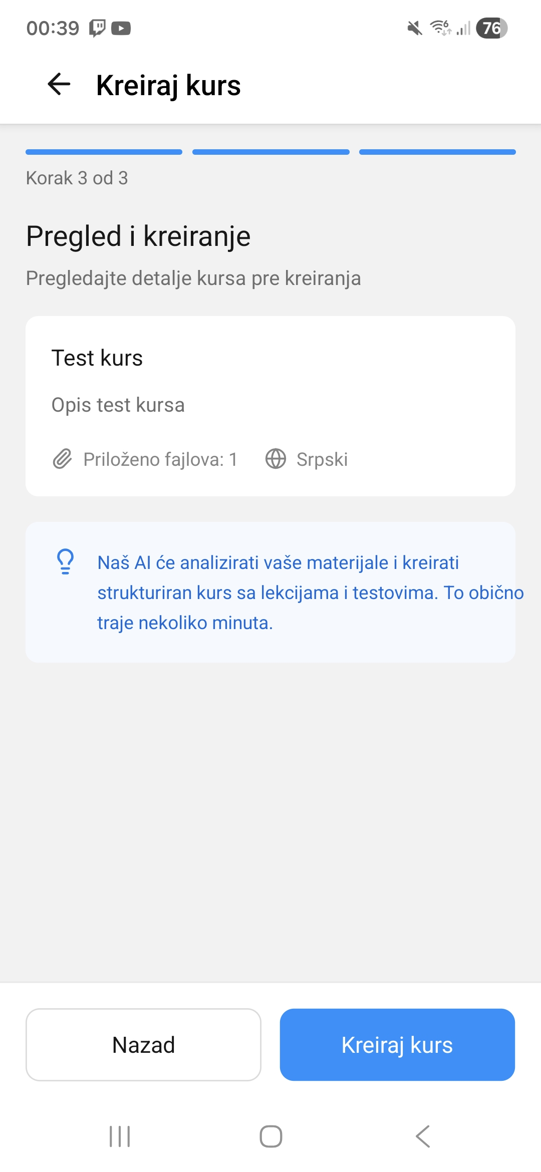 Course overview screen